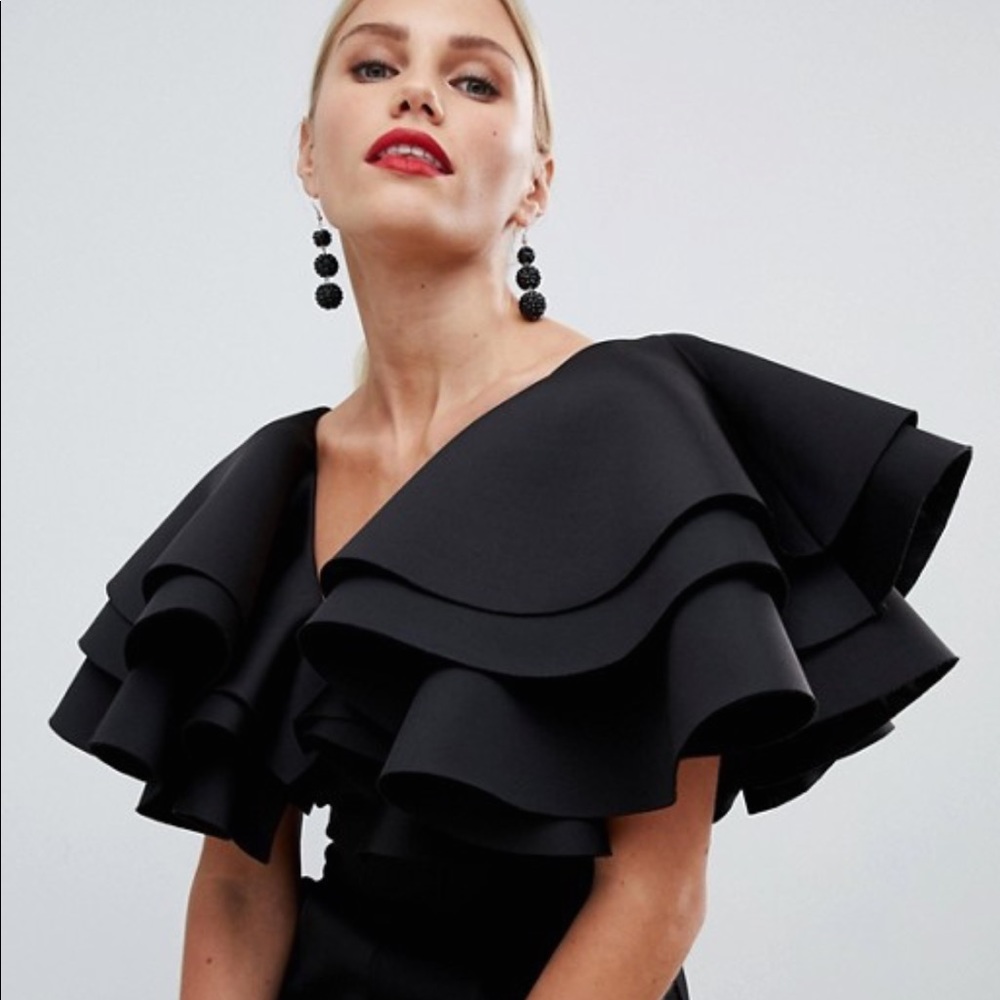 ASOS Ruffle neck shoulder frill neoprene jumpsuit